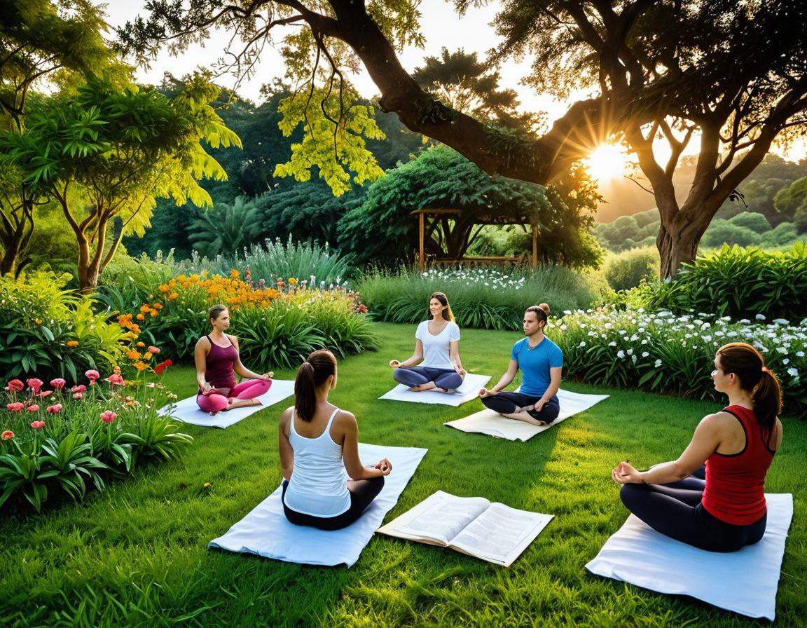A serene landscape featuring a diverse group of people engaged in various wellness activities like yoga, meditation, and healthy cooking, surrounded by lush greenery and vibrant flowers. Include open medical books with visible diagrams and notes scattered around, symbolizing knowledge and insights. The sun sets in the background, casting a warm glow, emphasizing a sense of peace and health. super-realistic. vibrant colors. natural setting.