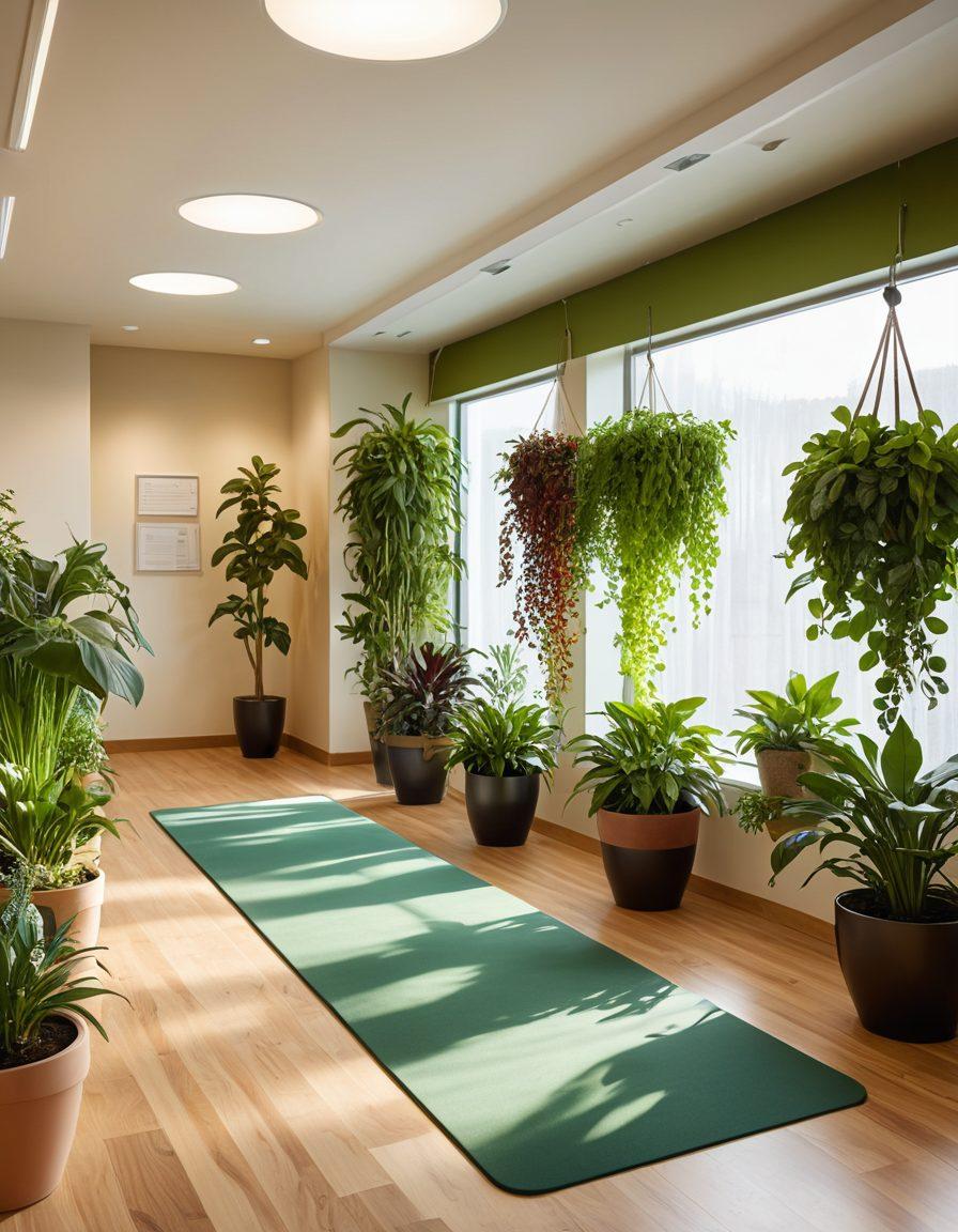 A serene healthcare setting with a diverse group of patients and healthcare workers engaged in collaborative care, showcasing advanced medical technology, vibrant greenery, and warm lighting. Include elements representing holistic wellness, such as yoga mats and nutrition guides, to symbolize a comprehensive approach to wellness. super-realistic. vibrant colors. soothing atmosphere.
