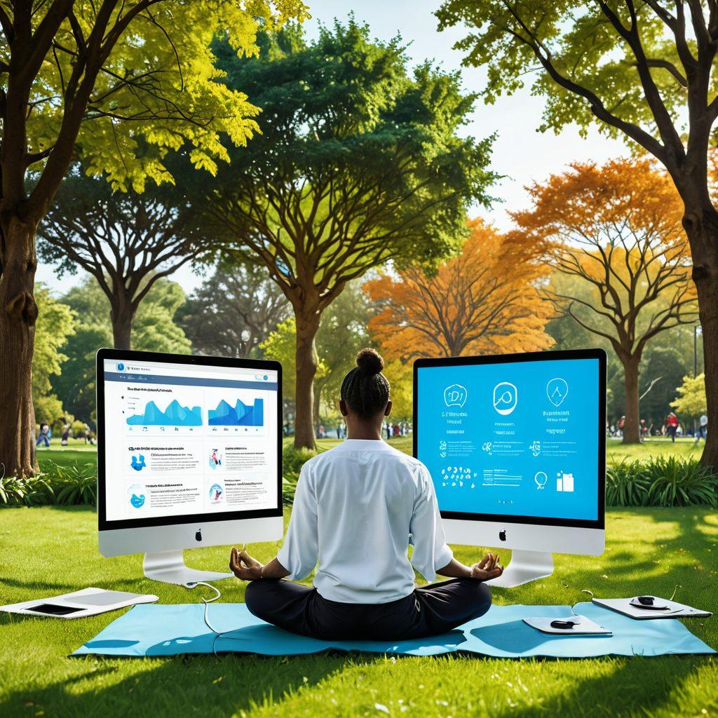 A dynamic collage illustrating futuristic healthcare trends: a digital health app on a smartphone, people engaging in telemedicine, a wellness expert analyzing data on a laptop, vibrant infographics showcasing health statistics, and a serene park setting where individuals practice mindfulness. super-realistic. vibrant colors. modern design.